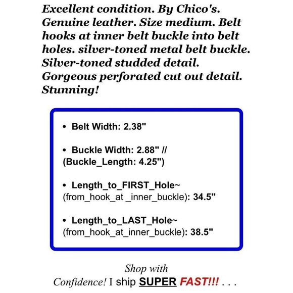 Chico's Sz M Wide Brown GENUINE LEATHER Studded Cowgirl Western Belt Perforated - Picture 9 of 9